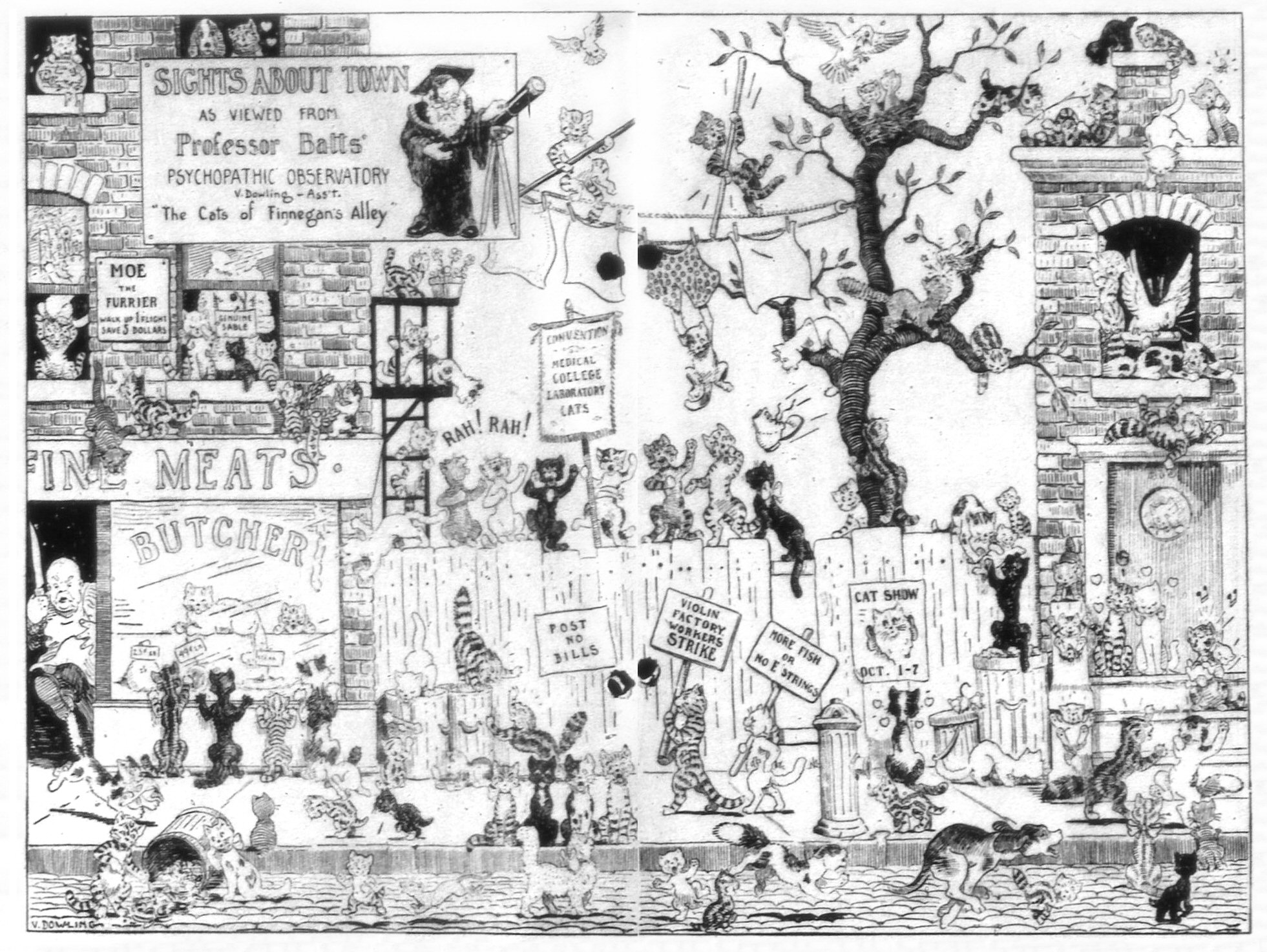 Sights About Town
As Viewed From
Professor Batts'
Psychopathic Observatory
V. Dowling - Ass't.
'The Cats of Finnegan's Alley'
From Funny Pages Comics, 1934