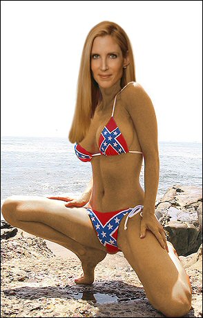 Ann Coulter's models a Confederate flag bikini after her recently completed breast augmentation surgery, the latest stage of her ongoing sex change and gender reassignment surgery. Soon her life-long dream of being a woman will become a reality! (Coulter: 'Thank you for not staring at my adam's apple.')